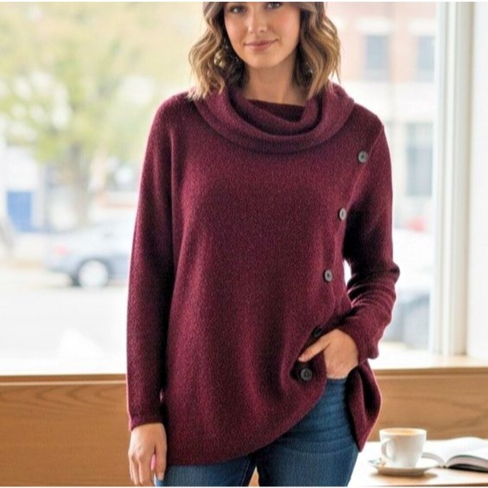 Retrology Womens 3X Burgundy Asymmetrical Faux Wrap Button Sweater Cowl Neck